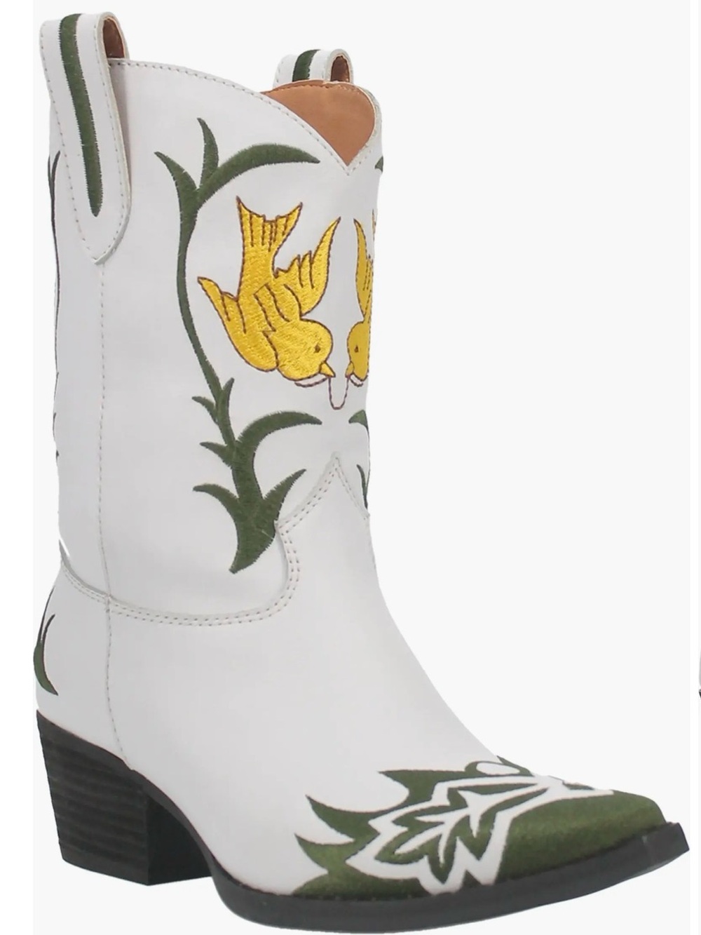dingo White Leather Cowboy Boots with Yellow Bird Embroidery